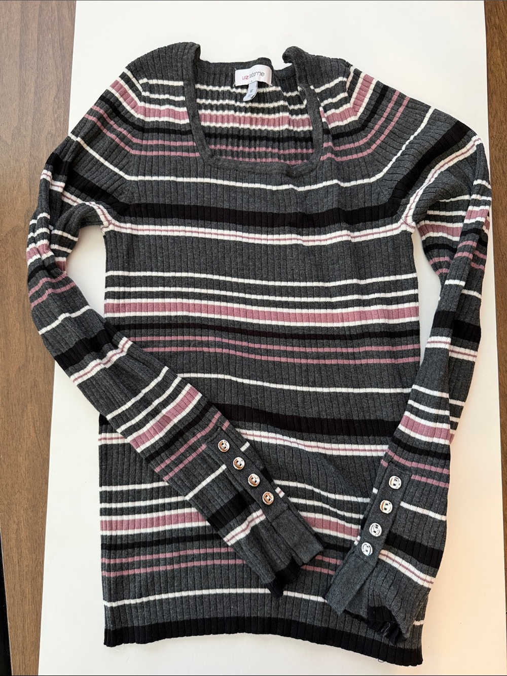 Liz Claiborne Striped Ribbed Sweater in Black, Gray & Pink